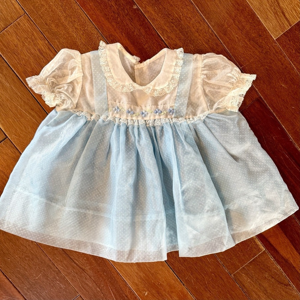 VTG 60s MCM Polka Dot Sheer Blue Floral Embroidery Lace Baby Girl Dress Sz 6-12